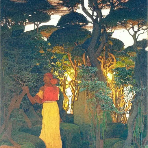 Image similar to Old African gardener cutting bonsai trees, isyllic Garden, by Annie Swynnerton and Nicholas Roerich and jean delville, glowing paper lanterns, strong dramatic cinematic lighting , ornate tiled architecture, lost civilizations, smooth, sharp focus, extremely detailed