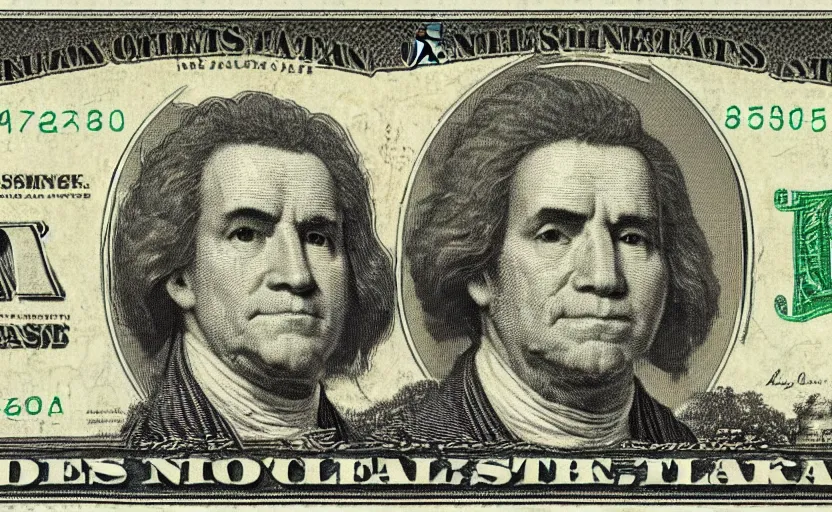 Image similar to rectangular photograph of four dollar u. s. currency note featuring bob ross