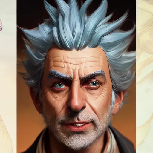 Image similar to Closeup of realistic Rick Sanchez, fantasy, intricate, elegant, highly detailed, digital painting, artstation, concept art, matte, sharp focus, illustration, hearthstone, art by Artgerm and Greg Rutkowski and Alphonse Mucha