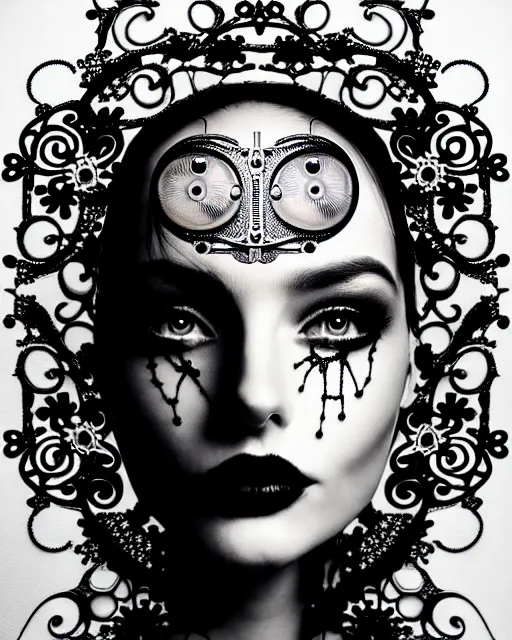 Prompt: black and white masterpiece profile portrait painting with no frame, one steampunk eye silver lace floral biomechanical beautiful young female cyborg, big monocular, volumetric light, hibiscus flowers, by hg giger, rim light, big gothic fashion pearl embroidered collar, 8 k
