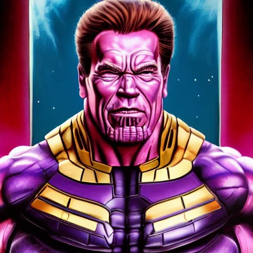 Image similar to arnold schwarzenegger as thanos, highly detailed, amazing digital art, cinematic, trending on artstation, 4K HD