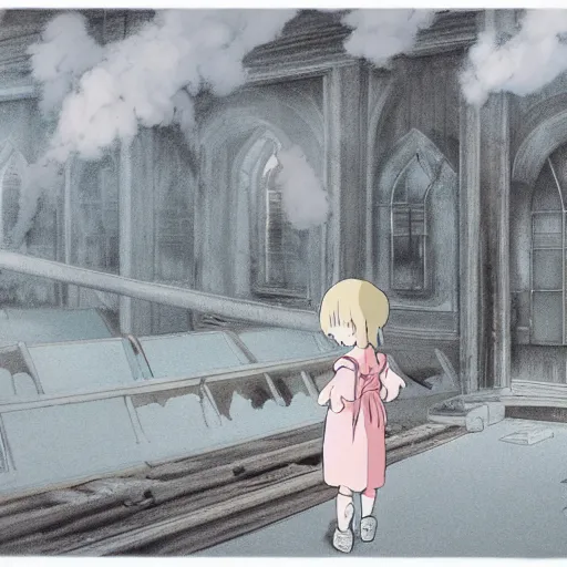 Image similar to ghost of a young girl, a burnt out church, wisps of smoke, photorealism, cel shaded, studio ghibli, hayao miyazaki