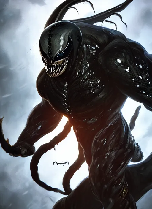 Image similar to An epic fantasy comic book style portrait painting of Venom, unreal 5, DAZ, hyperrealistic, octane render, cosplay, RPG portrait, dynamic lighting