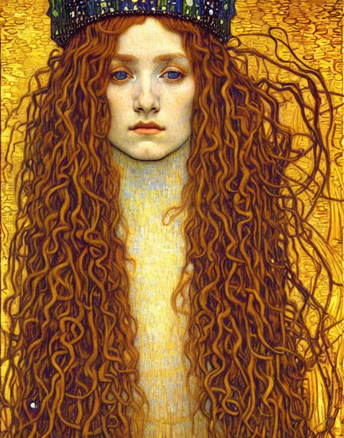 Image similar to detailed realistic beautiful young medieval queen face portrait by jean delville, gustav klimt and vincent van gogh, art nouveau, symbolist, visionary, gothic, pre - raphaelite, muted earthy colors, desaturated