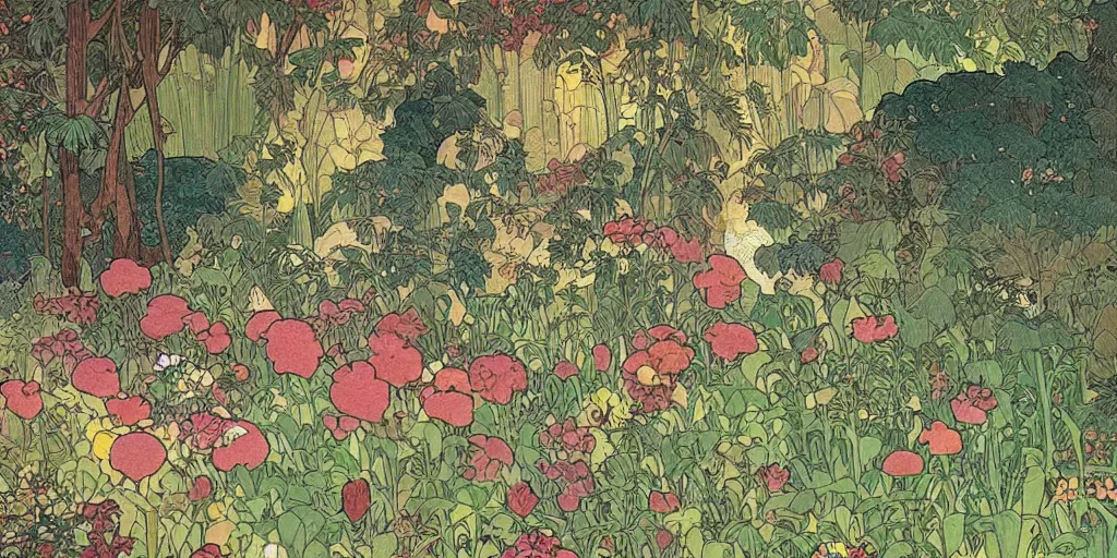 Image similar to an illustration of a beautiful garden, isometric view, painted by moebius and james jean and alphonse mucha