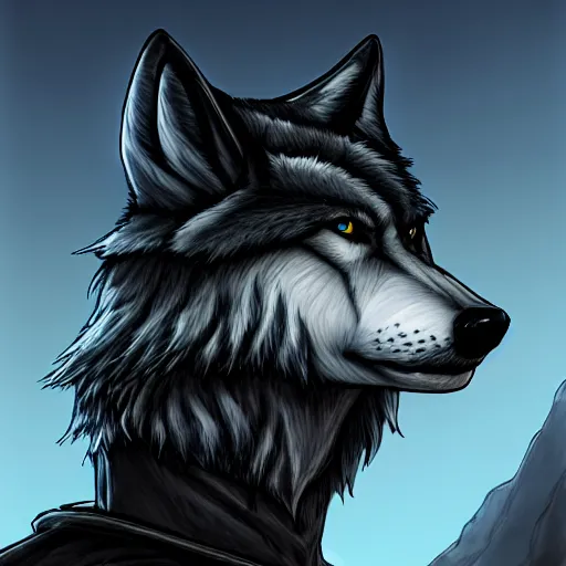 Prompt: an anthropomorphic wolf in a black doublet looking out over the hills, artstation hq, stylized, sharp focus, concept art, furaffinity fursona, furry, anthropomorphic, digital art by ayami kojima