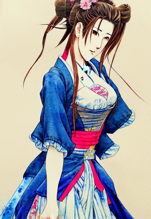 Prompt: a full-body watercolor painting of Aerith Gainsborough by Yoshitaka Amano, ukiyo-e, nouveau, concept art, 80's fantasy art, highly detailed, intricate, trending on artstation, award-winning