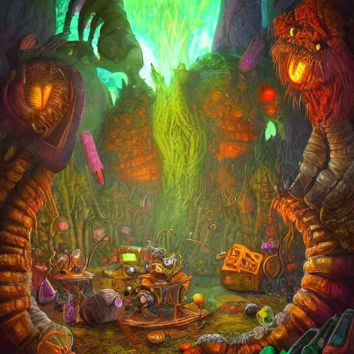 Prompt: these monsters are consumed by fire, yet they remain unharmed. they are surrounded by the tools of the alchemist's trade - beakers and test tubes full of colorful liquids, crystals, and books of ancient knowledge. the scene is suffused with an eerie glow, as if something magical is happening here. by johfra