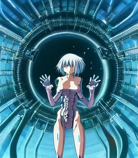 Image similar to female anime character Rei Ayanami cyborg in the center giygas epcotinside a space station eye of providence Beksinski Finnian vivid HR Giger to eye hellscape mind character