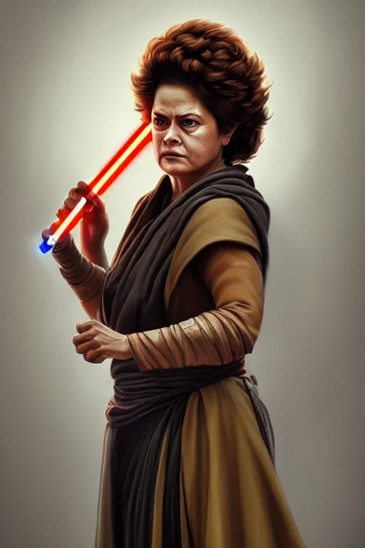 Image similar to breathtaking detailed concept art painting of a jedi dilma rousseff holding a lightsaber, by hsiao - ron cheng, exquisite detail, extremely moody lighting, 8 k