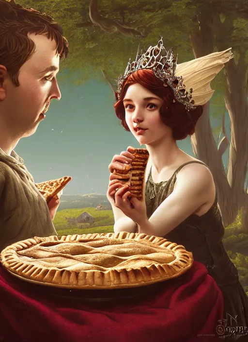 Image similar to highly detailed closeup portrait of a fairytale medieval princess eating meat pies, stephen bliss, unreal engine, greg rutkowski, ilya kuvshinov, ross draws, tom bagshaw, tom whalen, alphonse mucha, nicoletta ceccoli, mark ryden, earl norem, global illumination, god rays, detailed and intricate environment