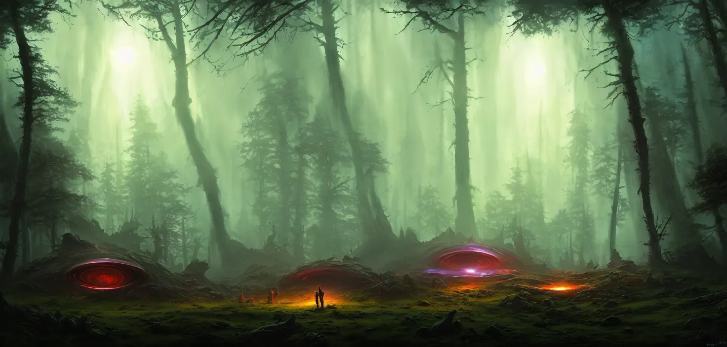 Prompt: dark sci-fi UFO landing place in grim dark forest, demonic shrine, concept art, low angle, high detail, warm lighting, volumetric, godrays, vivid, beautiful, trending on artstation, by Jordan grimmer, huge scene, grass, art greg rutkowski