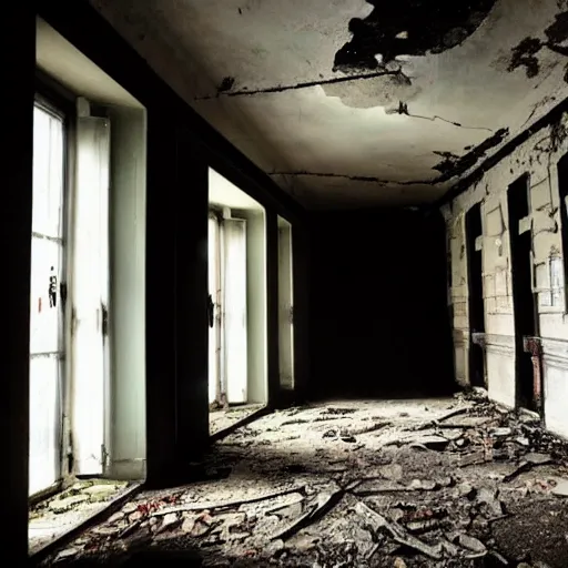 Image similar to two shadows talking to each other in a dark abandoned room, eerie, creepy,