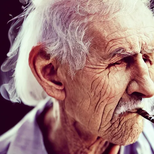 Image similar to wise old man, half face young, long white hair made of smoke coming out from a smoking pipe, meditation, photorealistic, intricate, elegant, hamingway.