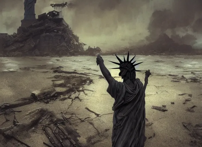 Image similar to a Photorealistic dramatic hyperrealistic render of a ruined destroyed decayed statue of liberty on a desolate beach in a post-apocalyptic world, futuristic nuclear apocalyptic planet of the apes vibe, by WLOP and Artgerm and Greg Rutkowski and Alphonse Mucha, Beautiful dynamic dramatic dark moody lighting, shadows, cinematic atmosphere, Artstation, concept design art, Octane render, 8K, masterpiece