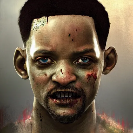 Image similar to a zombie Will Smith, by WLOP, horror, wounds, bloody, dark fantasy, trending on artstation