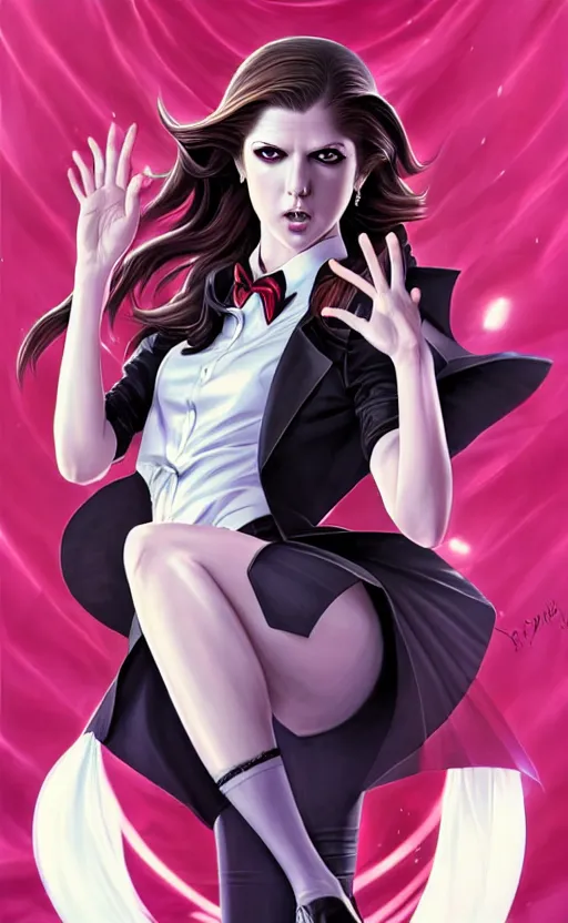 Prompt: ultra realistic, beautiful Anna Kendrick Zatanna DC Comics waist up floating, on stage, symmetrical face symmetrical eyes, modern anime, fantasy, eerie, intricate details, atmospheric, elegant, super highly detailed, professional digital painting, artstation, concept art, 8k, art by artgerm and eiichiro oda and koyoharu gotouge