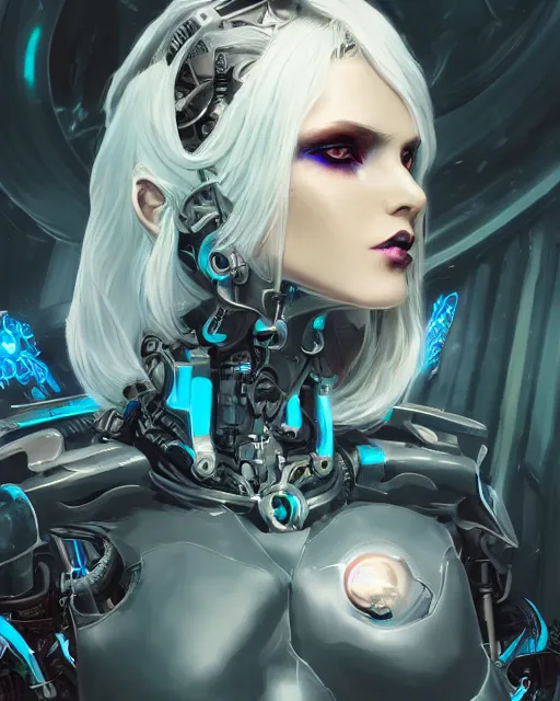 Prompt: holy cyborg necromancer girl, elegant, scifi, futuristic, utopia, garden, atmosphere, white hair, blue eyes, extreme detail, glow, intricate, full of colour, cinematic lighting, trending on artstation, detailed, 4 k, art by martin dubeau