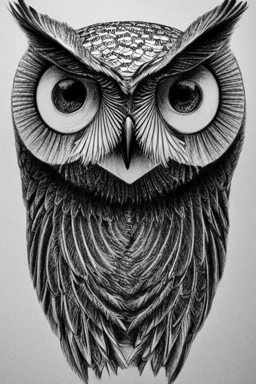 Prompt: detailed pencil drawing of an mechanical owl, she has metallic wings, and the left_eye!! is the lens of a camera!!