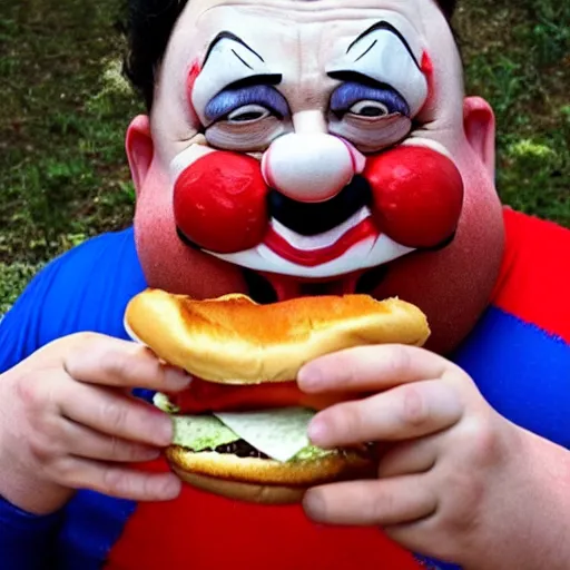 Image similar to evil fat clown eating hamburger