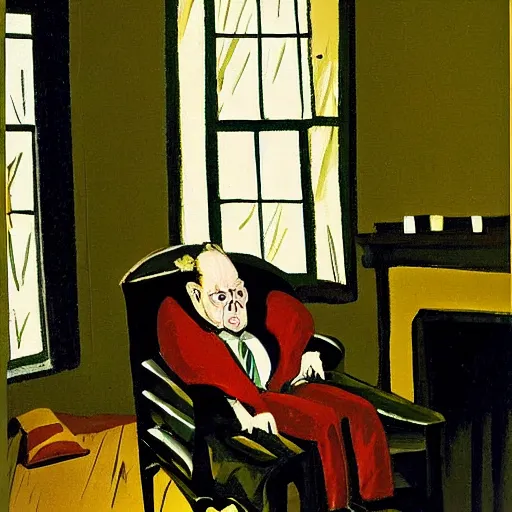 Prompt: caricature angry old man in chair inside a dark house, painting by by ralph grady james, jean christian biville