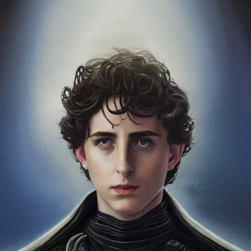 Image similar to realistic paul atreides emperor of the known universe, perfect dramatic and dark portrait by rabbitary b, trending on artstation, deviantart, dune, low angle oil painting and composition laws, dark foggy background, timothee chalamet, denis villeneuve cinematography