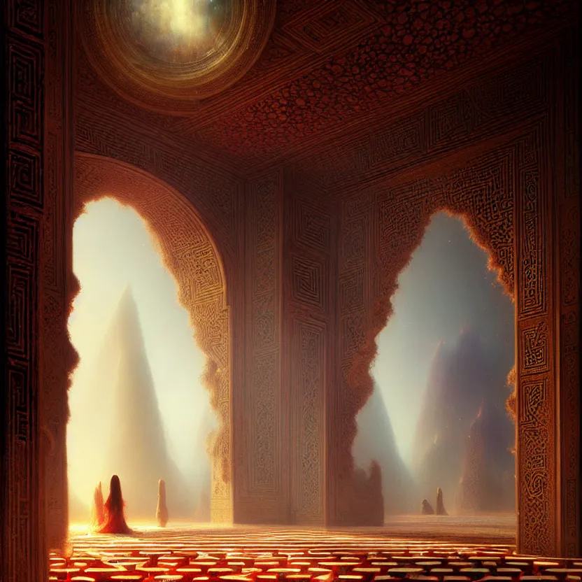 Prompt: magic fluffy Persian carpet & mirror dimension, vertical labyrinth structure, vast vistas, by Greg Rutkowski and Gaston Bussiere, dim lighting, beautiful volumetric-lighting-style atmosphere, surreal atmosphere, intricate, detailed, photorealistic imagery, artstation