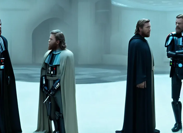 Image similar to film still of Darth Vader debates obi wan kenobi in congress in the new Star Wars movie, 4k