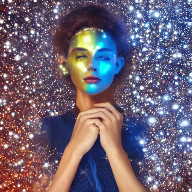 Image similar to portrait of a beautiful futuristic woman layered with high-tech jewelry wrapping around her face and head, golden-silver light with tiny blue, gold, and red gems scattered like dust