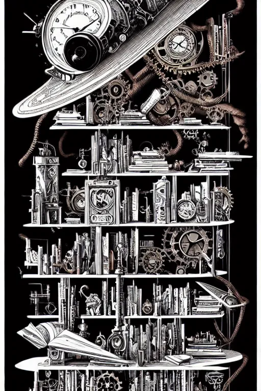 Image similar to a majestic steampunk alchemist book shelf, furniture, high details, bold line art, by vincent di fate and joe fenton, inking, etching, screen print, masterpiece, trending on artstation, sharp, high contrast, hyper - detailed,, hd, 4 k, 8 k