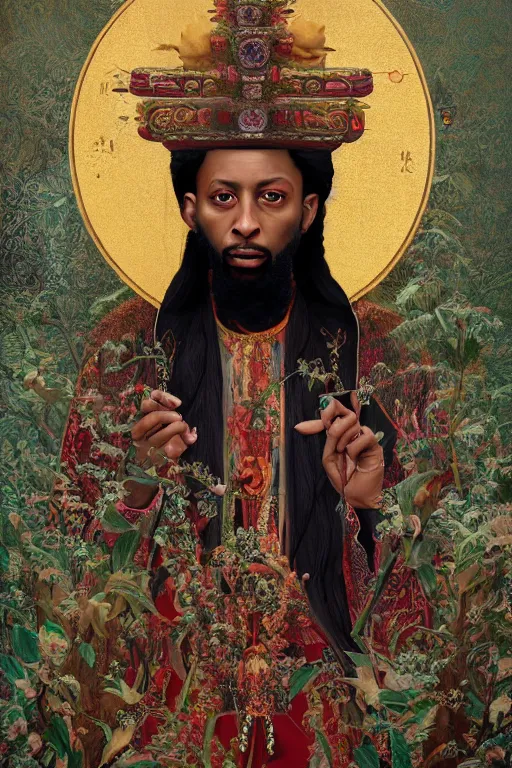 Prompt: breathtaking detailed concept art painting of the god of 2 1 savage, orthodox saint, with anxious, piercing eyes, ornate background, amalgamation of leaves and flowers, by hsiao - ron cheng, extremely moody lighting, 8 k