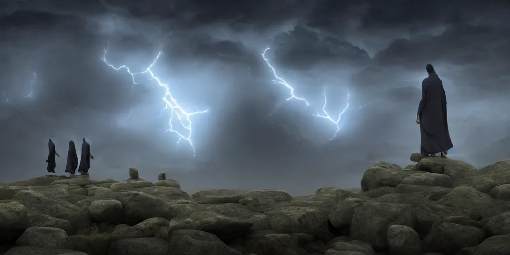 Prompt: Photorealistic strange dark monks perform a magical occult ritual, in an epic landscape with magical illuminated symbols floating above them. Magically floating rocks, with ominous storm clouds, strange levitating stones, stones falling from the sky, a gentle rising mist. occult photorealism, UHD, amazing depth, glowing, golden ratio, 3D octane cycle unreal engine 5, volumetric lighting, cinematic lighting, cgstation artstation concept art