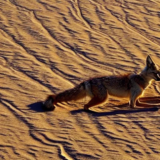 Prompt: coyote dreaming the world into being, sand art