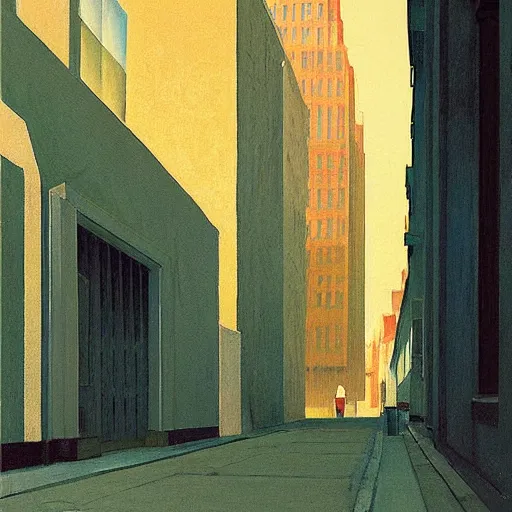 Image similar to city alley by Edward Hopper and James Gilleard, Zdzislaw Beksinski, highly detailed