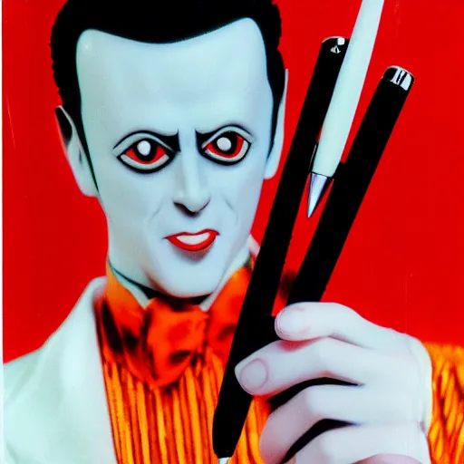 Image similar to a high quality product photo ad of klaus nomi holding a technical reed rollerball pen exacto knife by junji ito, ethereal eel