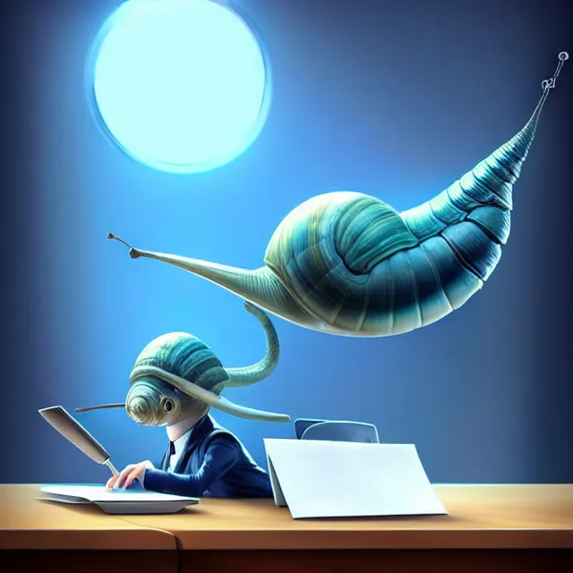 Image similar to epic professional digital art of a snail in a blue professional business suit, sitting at a desk,, best on artstation, cgsociety, wlop, Behance, pixiv, astonishing, impressive, outstanding, epic, cinematic, stunning, gorgeous, much detail, much wow,, masterpiece.