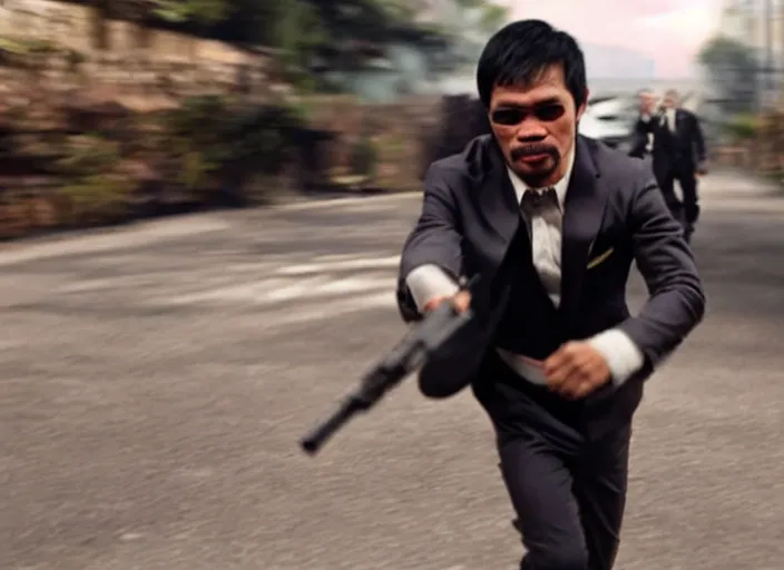 Prompt: film still of manny pacquiao, wearing a suit, holding a gun, dodging a bullet in slow - motion, in the new matrix movie, 8 k, highly detailed face, dark glasses