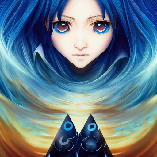 Image similar to rimuru tempest from tensura playing chess, with amber eyes of golden colored eyes, straight hair, sky blue hair, long bangs, high collar, concept art, award winning photography, turbulence, ripples, trails, wispy, scratchy, digital painting, cinematic, wlop, 8 k, by ross tran, tom bagshaw, andy warhol