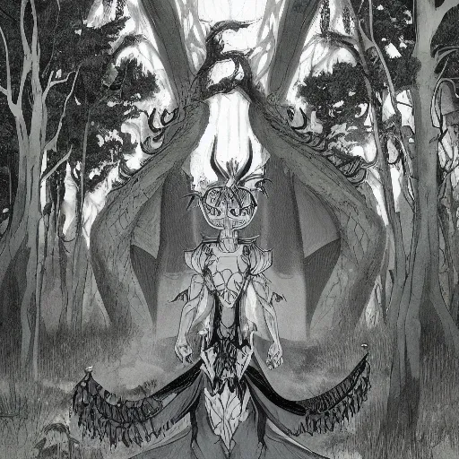 Image similar to concept art painting of an anthropomorphic dragon king with black robes, a long neck, and skull mask, in a deep forest, cel shaded, in the style of makoto shinkai and james gurney and studio ghibli and moebius