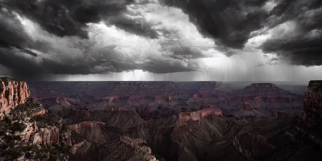 Prompt: dramatic film still of a cathedral by denis villeneuve, vultures, gothic architecture, top of the grand canyon, red rock strata, 24mm angle, studio ghibli and eddie mendoza, atmospheric, stormy, dramatic skies, moody, dark, cinematic, volumetric lighting, 8K