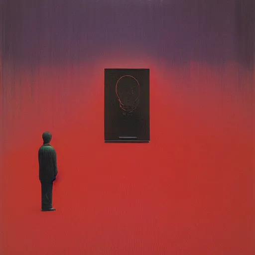 Image similar to empty gallery with the ghost in the middle by Zdzisław Beksiński, irwin penn, Giorgio de Chirico, realistic, digital art, dark, moody, gloomy