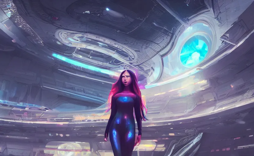 Prompt: beautiful Himalayan woman, sci-fi tibetan fashion, waslking empty hall of a spaceship, futuristic, somber, iridescent body suit with glowing stripes, by Makoto Shinkai and Wojtek Fus, by studio trigger, rossdraws, ambient occlusion, clean lineart and color, vibrant