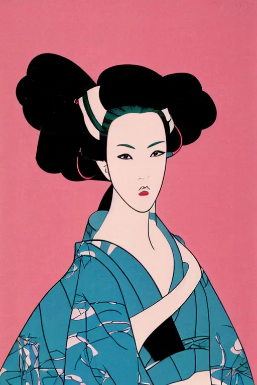 Prompt: 1 9 8 0 s glamour fashion portrait of neo - samurai woman, highly detailed, symmetrical details, flat shading, outlines, by patrick nagel