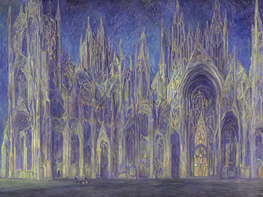 Prompt: gothic deserted cathedral with dream bot mothership psychedelia. monet, matisse, wayne barlowe, agnes pelton, rene magritte