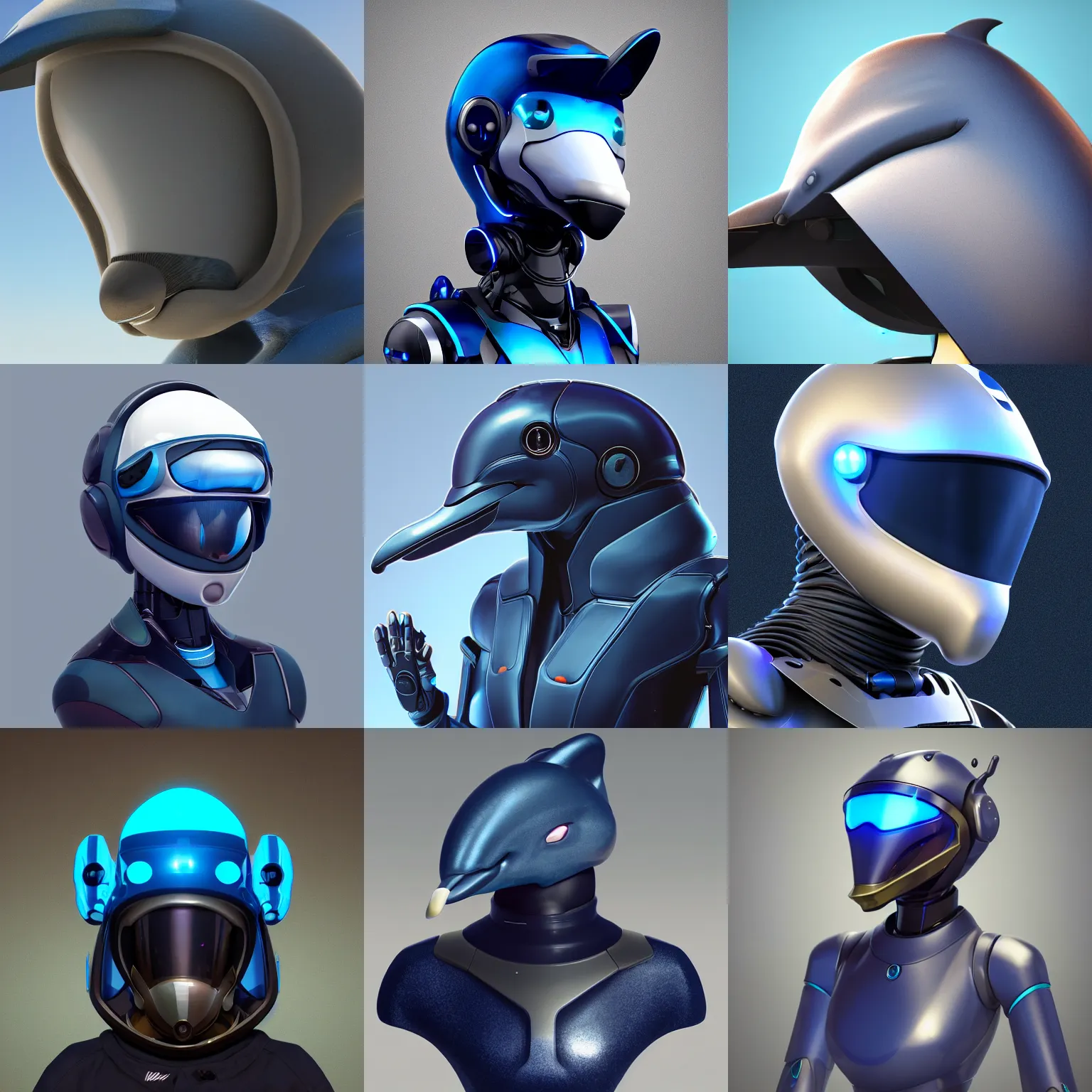 Prompt: very very beautiful furry art, bust profile picture of a robotic anthro bottlenose dolphin, face covered by opaque visor, truncated snout under visor, smooth rounded shapes, all dark blue metal, commission on furaffinity, cgsociety, octane render