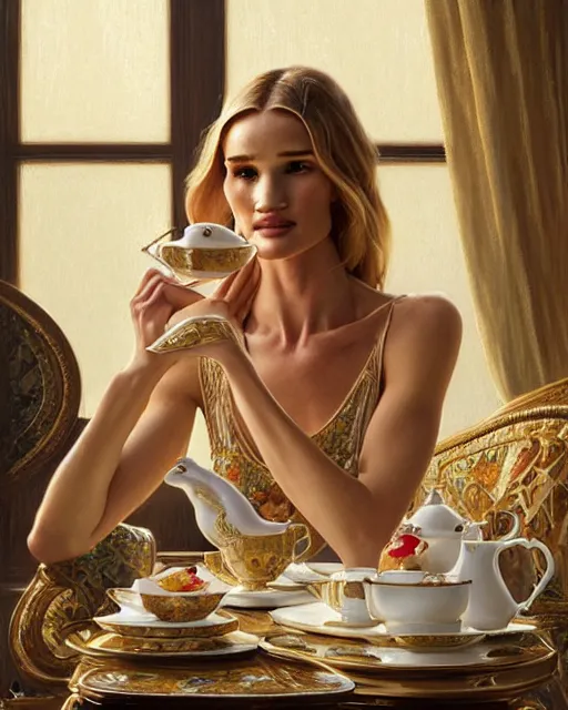 Prompt: Portrait of Rosie Huntington-Whitely & a mallard & a pig having tea at the Ritz, real life skin, intricate, elegant, highly detailed, artstation, concept art, smooth, sharp focus, art by artgerm and greg rutkowski and alphonse mucha