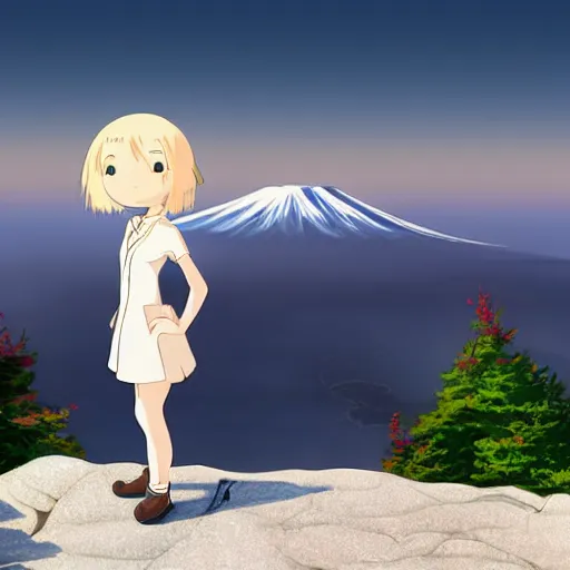 Image similar to a beautiful blond silver hair young woman standing on top of mount fuji in the style of Studio Ghibli and Makoto Shinkai