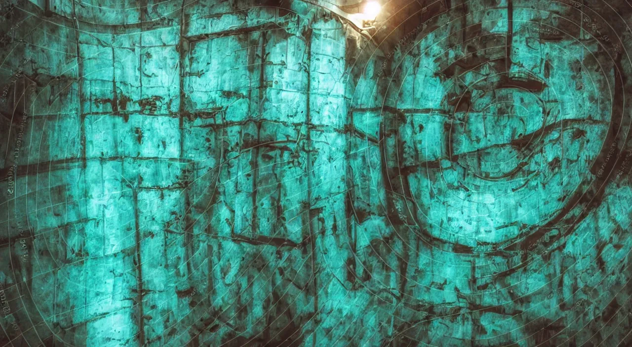 Prompt: deep dark underwater interior inside a water tank water tower claustrophobic confined space teal metal volumetric lighting photography footage