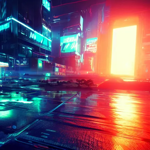 Image similar to « glowing neon lights, sunrise, cyberpunk, alita battle angel, blade runner, rainy, cold, clouds, far view, photorealistic, unreal engine 5, sharp focus »