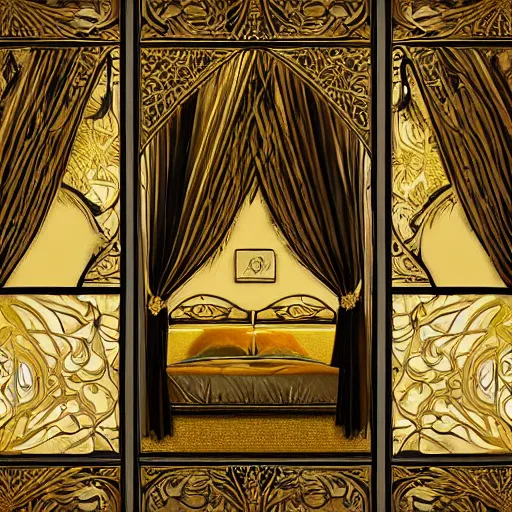 Prompt: a liminal hotel room made of ivory and gold, highly intricate, digital art, very detailed, in the style of a weird and dark eerie liminal art nouveau flemish painting